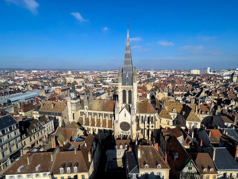 Glazed-tile rooftops around a Gothic church and its striped spire, seen from above